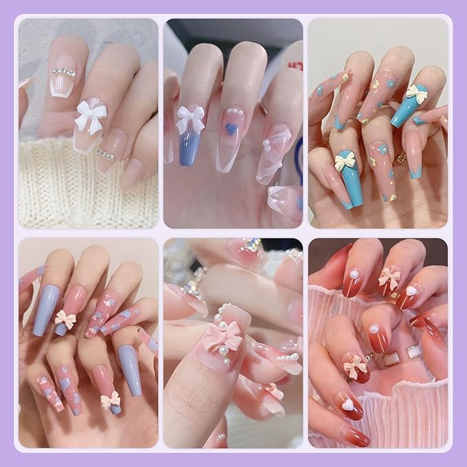 120 Pcs 3D Bow Charms + 2-4mm Nail Pearls - Pink White Lilac Bows & White Flatback Pearls with Glue Gel (UV Needed) & Pickup Tools