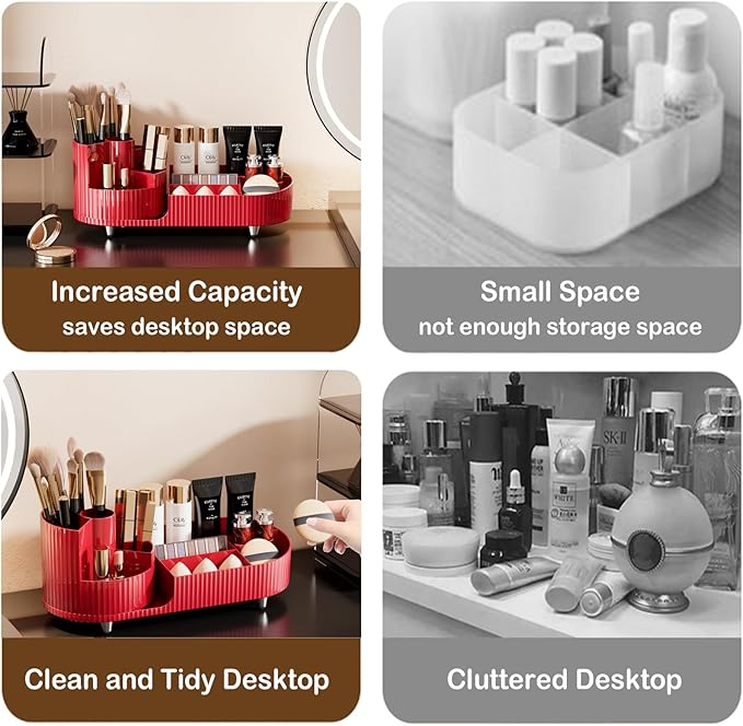 Rotating Makeup Organizer for Vanity with Brush Holder, Cosmetic Makeup Storage Organizer, Large Spinning Makeup Skincare Organizer, Countertop Makeup Perfume Organizer, Lotions Display Case Red