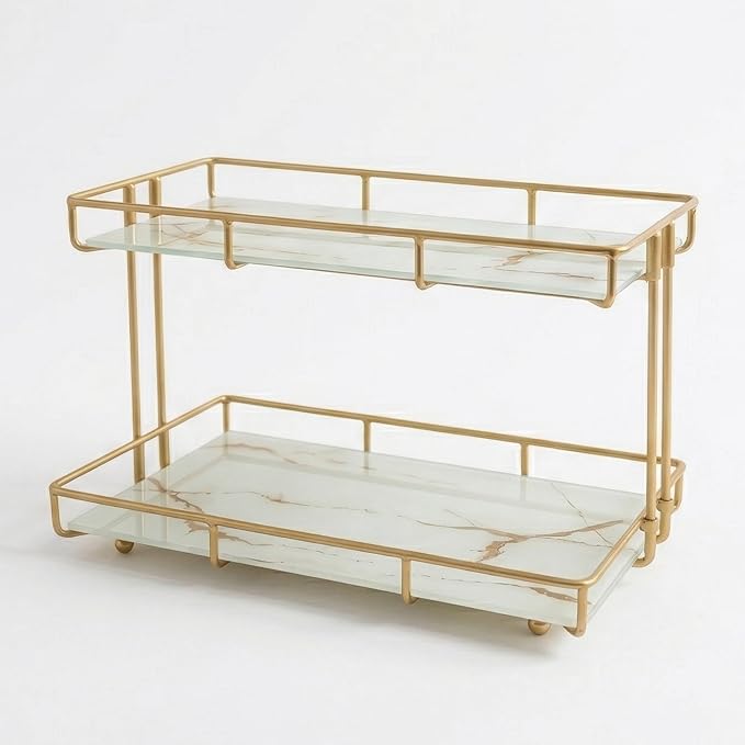 2-Tier White Marble Bathroom Countertop Organizer Ã¢ÂÂ Glass Shelves & Gold Metal Frame, Elegant Vanity Storage Shelf for Perfume, Skincare, Makeup & Toiletries