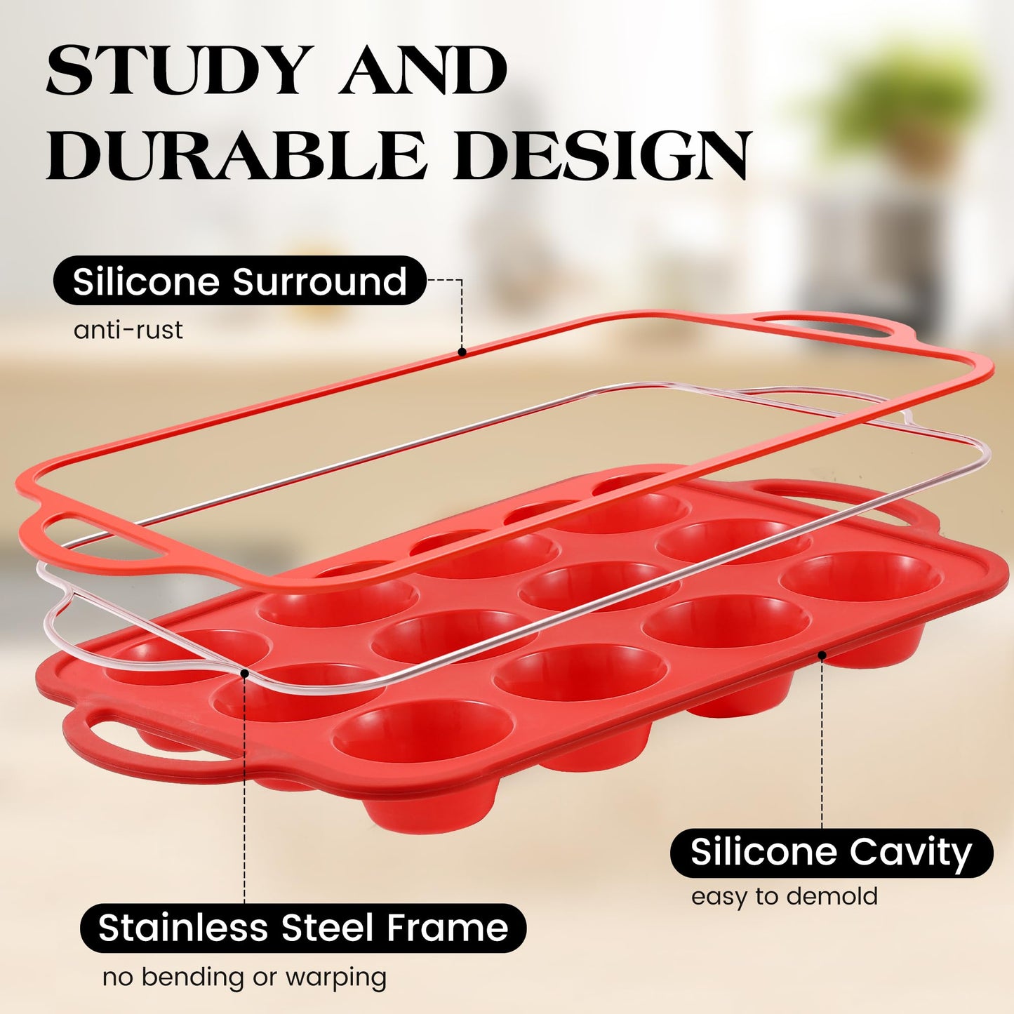 AOTASO 8 Pcs Silicone Muffin Pan Set, 12 Cup Regular & 24 Cup Mini Nonstick Muffin Tray with 6 Pcs Utensils, Silicone Muffin Pan for Baking with Metal Reinforced Frame, BPA Free (Red)