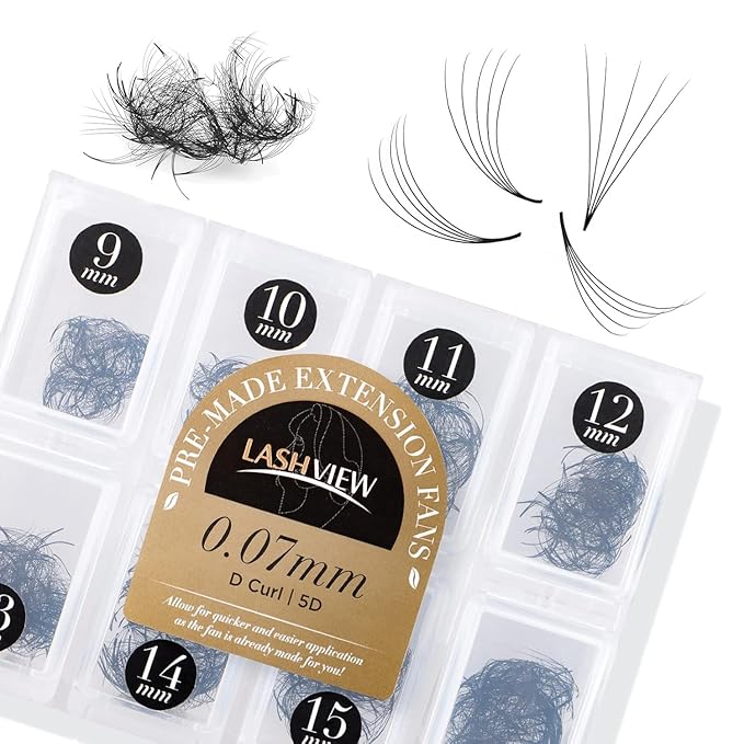 LASHVIEW 1000 Premade Volume Eyelash Extensions Mixed Tray 5D D Curl Premade Lash Fans Pointed Handmade Thin Base (5D-0.07D,9-16mm)