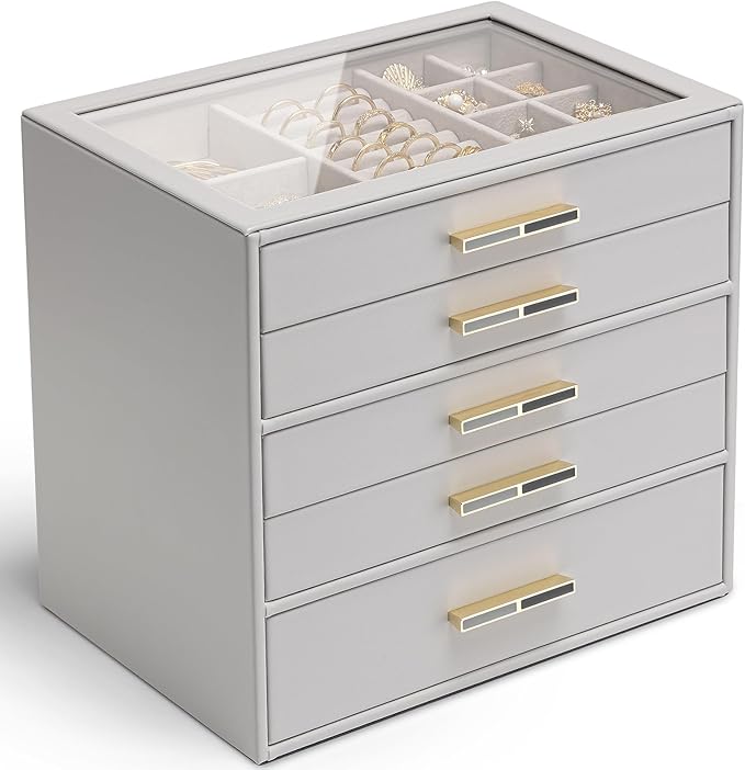 Vlando 5 Layer Jewelry Box for Women, Glass Lid Jewelry Organizer with 5 Drawers for Necklaces Rings Earrings Bracelets - Grey