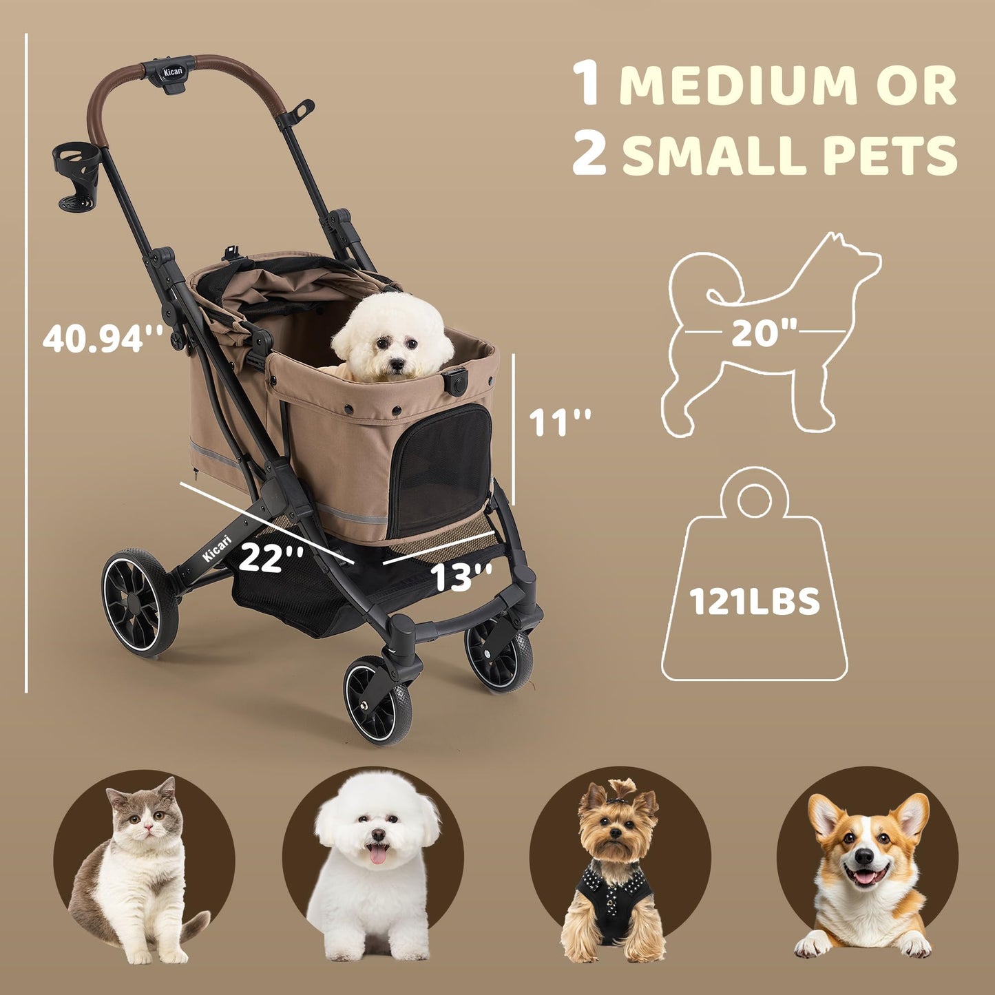 Kicari All-Terrain Dog Stroller for Small to Medium Dogs, Pet Stroller for Dogs & Cats Outdoor Walks, One-Hand Easy Fold, Double-Layer Anti-UV & Waterproof Canopy & Breathable Mesh, Mocha Brown