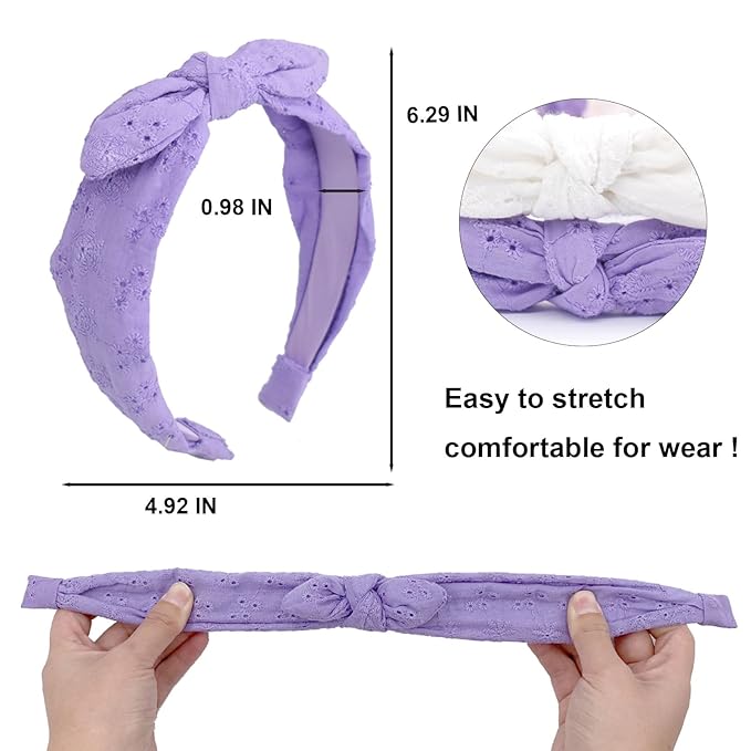 Bow Headbands for Girls, Thin Headband with Bow Women Hair Accessories Fashion Knotted Head Band Non Slip for Girls(Purple/White, 2Pcs)