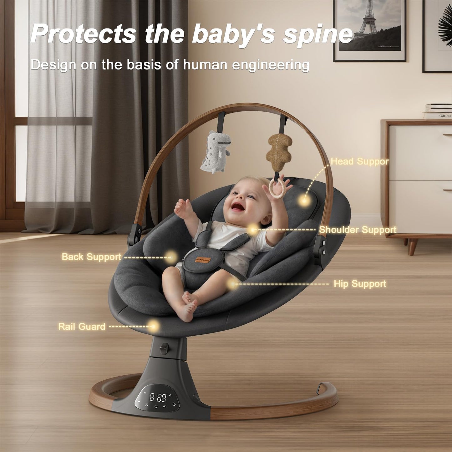 Baby Swings for Infants, Monamii Baby Swing, Bluetooth Infant Swing with Music Speaker, 5 Speeds and Remote Control, Indoor & Outdoor Use (Black)