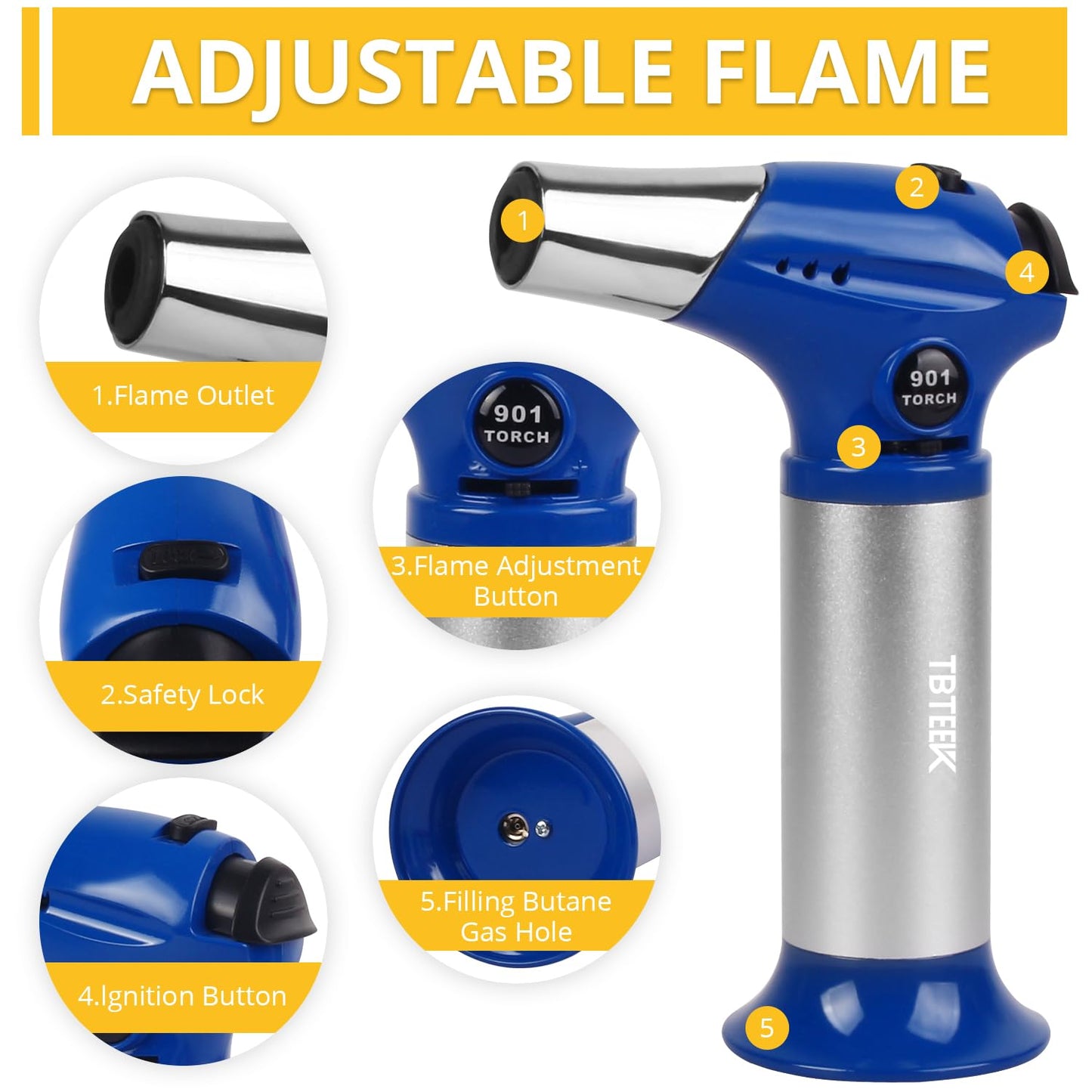 TBTEEK Butane Torch T901, Kitchen Torch Cooking Torch with Safety Lock & Adjustable Flame for Cooking, BBQ, Baking, Brulee, Creme, DIY Soldering(Butane Not Included), Blue