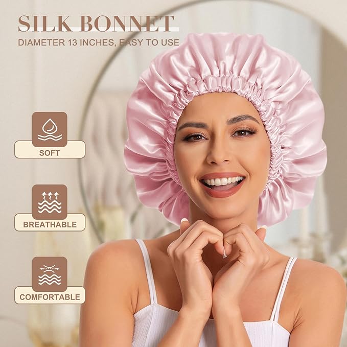 Satin Bonnet Silk Bonnet Hair Bonnet for Sleeping-Slouchy Beanie Hat Satin Sleep Cap for Women's Natural & Curly Hair(Blush Pink)