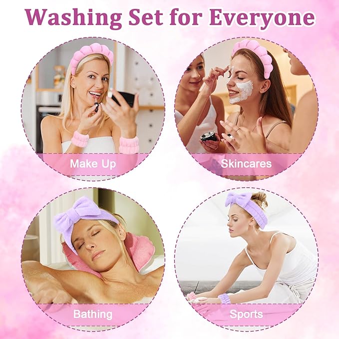 6 Pcs Spa Headband Set - Terry Cloth Headbands with Sponge Wristbands for Skincare, Makeup Removal, and Shower