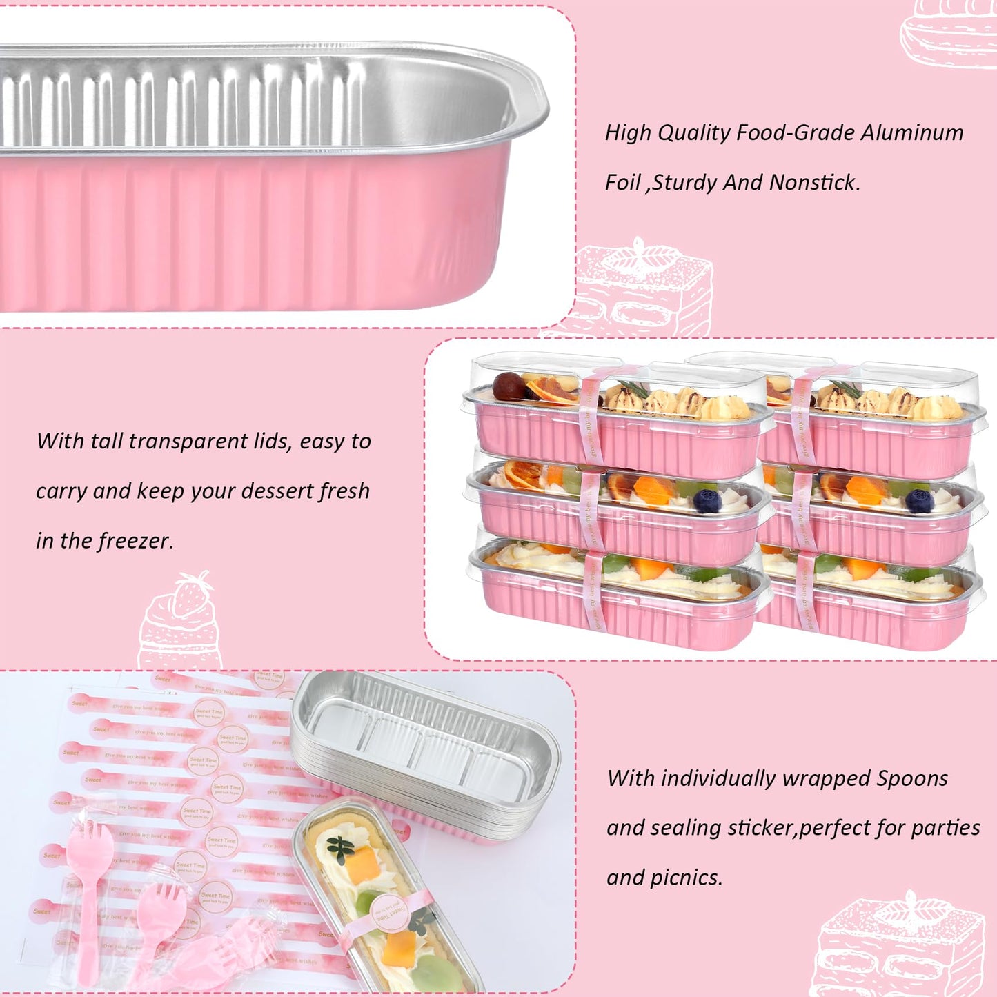 EgticHome Mini Loaf Pans with Lids and Spoons (100 Pack, Pink, 6.8oz) Rectangular Aluminum Foil Baking Pans