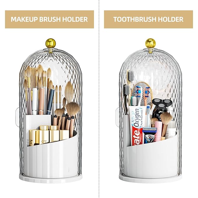 Dustproof Toothbrush Holder with Lid, 360 Rotating Countertop Electric Toothbrush Toothpaste Holders with Cover for Bathroom, 3 Slots Makeup Brush Holder with Lid for Vanity, Clear