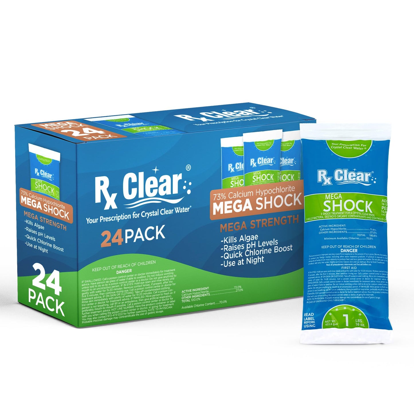 Rx Clear Mega Shock | 73% Calcium Hypochlorite | Kills Algae in Swimming Pools | Works As Pool Sanitizer Clarifier and Algicide | One Pound Bags | 24 Pack