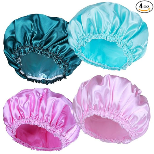 Shower Caps for Women, 4 PCS Elastic and Reusable Bath Caps, Double Waterproof Layers Shower Cap, Bathing Shower Caps, Environmental Protection Hair Bath Hat - Solid Color
