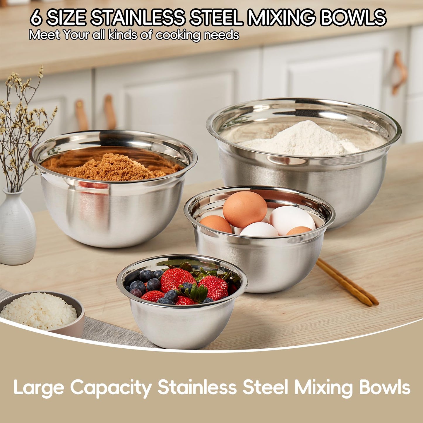 WEPSEN Mixing Bowls Set, 27PCS Khaki Mixing Bowls With Lids Set Stainless Steel Kitchen Large Nesting Metal Bowl 7QT to 1.5QT, Measuring Cups and Spoons for Prepping Cooking Serving
