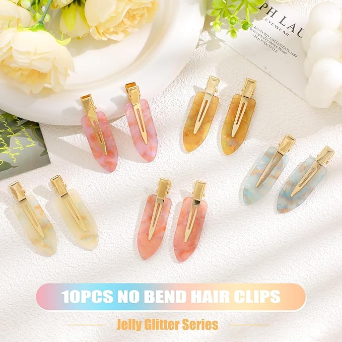 KesaPlan 10PCS No Bend Hair Clips, Jelly Glitter No Crease Hair Clips for Styling, Acrylic Resin Flat Duckbill Clips, Seamless Bang Hair Barrette for Women Girls Makeup Hairstyle Accessories