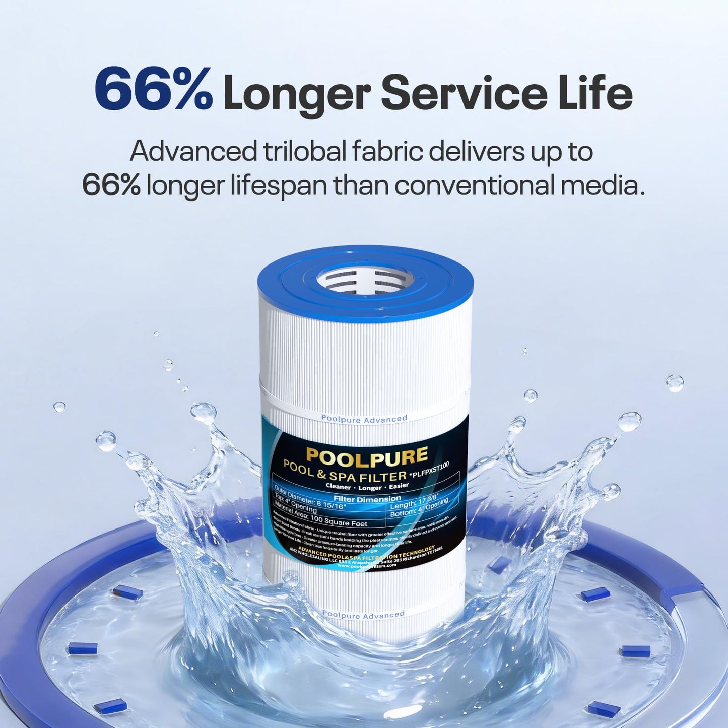 POOLPURE PXST100 Pool Filter Replaces Hayward X-Stream CC1000, CCX1000-RE, Pleatco PXST100, Unicel C-8311, Ultral-B6, Filbur FC-1285, 817-0100N/P, Waterway Pro Clean 100, L x OD: 17 3/8" x 8 15/16"