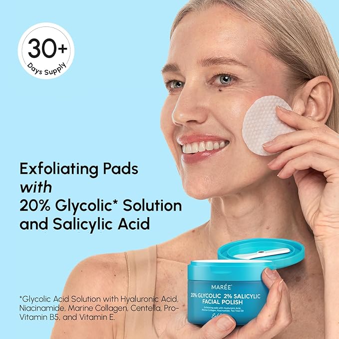 MAREE Glycolic Acid Pads & 2% Salicylic Acid Ã¢ÂÂ Toner Pads for Face with 20% Glycolic Acid Solution Ã¢ÂÂ Face Exfoliating Pads, Acne Clearing Face Pads Ã¢ÂÂ Skin Pore Resurfacing & Radiance Device Ã¢ÂÂ 50 Count