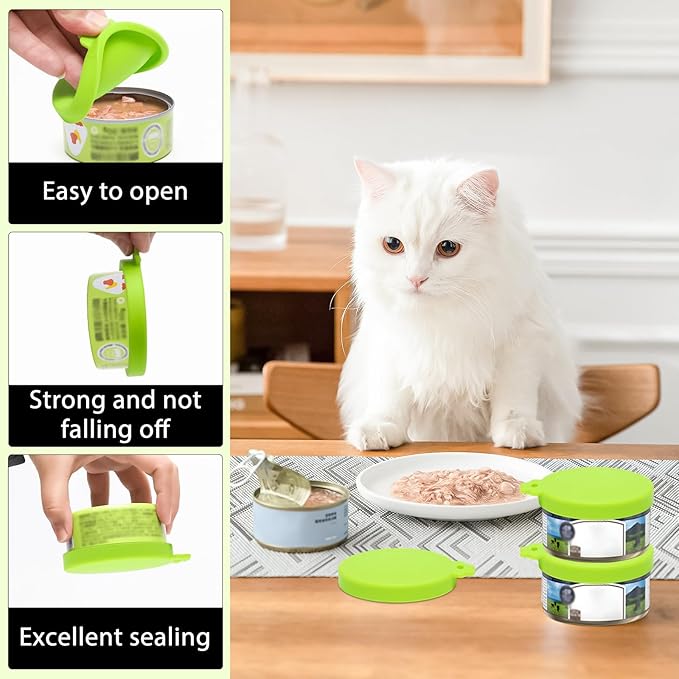 PINE & LINEN 4 Pcs 2.5inch Durable Pet Can Lids,Silicone Small Pet Can Covers Waterproof Cat Food Cans Lids for 3 oz Cat Food Cans（Green）