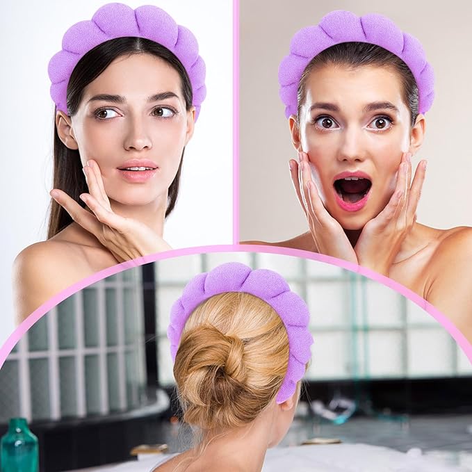 Women's Spa Terry Cloth Headband for Face Washing, Makeup Removal, Shower - Puffy Sponge Hair Accessory (Purple)