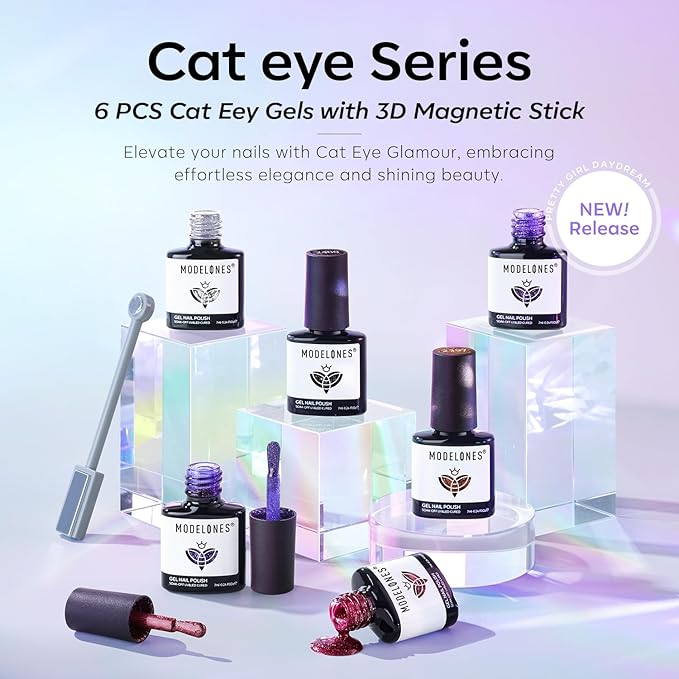 modelones Cat Eye Gel Nail Polish Set, 6 Colors Winter 9D Glassy Cat Eye Glitter Gel Polish Black Red Purple Blue Silver Brown Nail Polish with Magnet Soak Off LED DIY Salon Gift