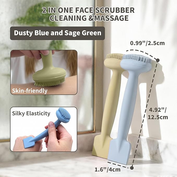 2 Pack Silicone Face Scrubber,2 in 1 Facial Cleansing Brush & Face Mask Applicator, Face Exfoliator Scrubber Waterproof Home Spa Facial Brush for Sensitive Skin(Dusty Blue and Sage Green)