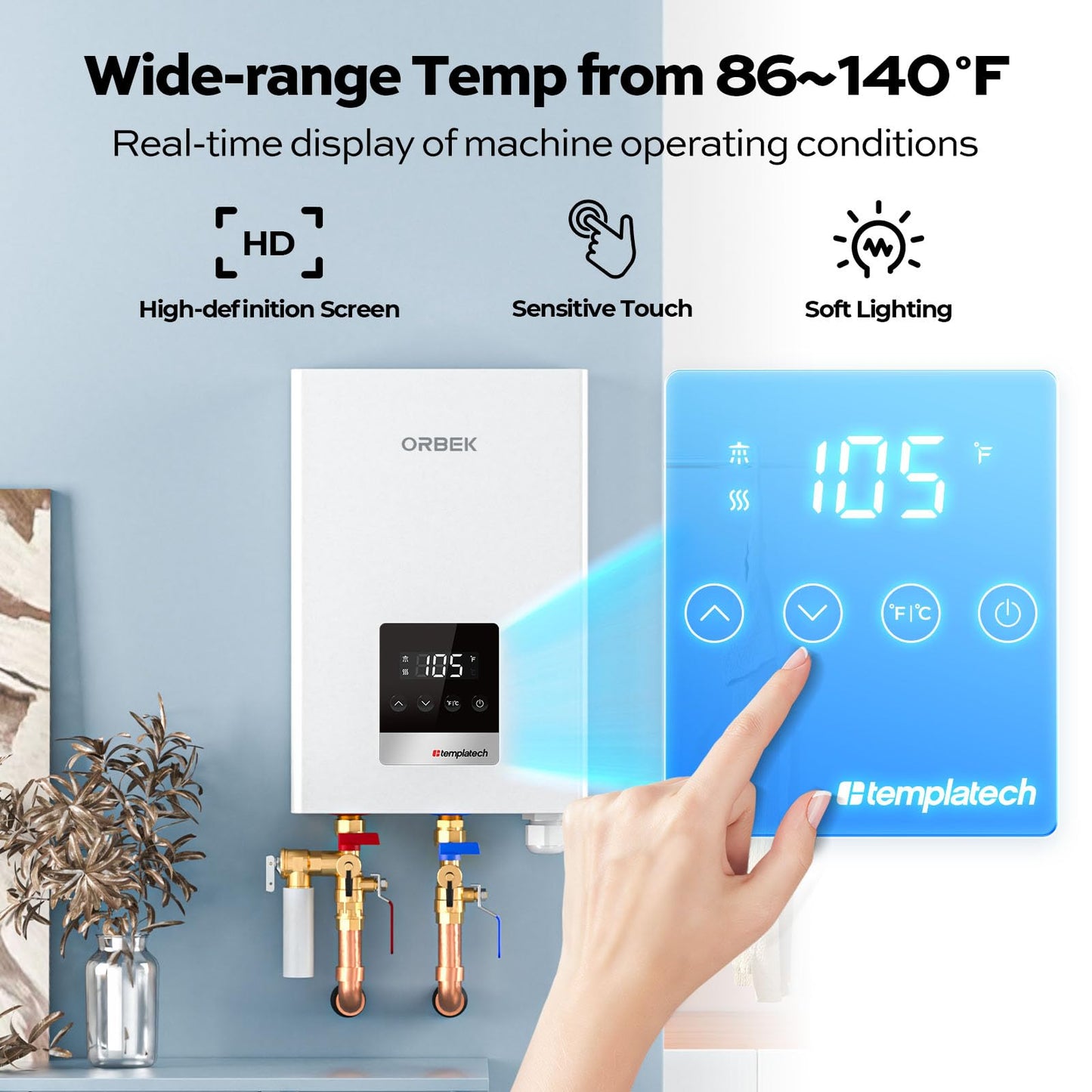 14kW Tankless Water Heater Electric, ORBEK On Demand Instant Hot Water Heater 240V, Max 3.38 GPM, Supply for 1-2 Fixtures, ETL Certified, Indoor Installation, New Upgraded 2.0