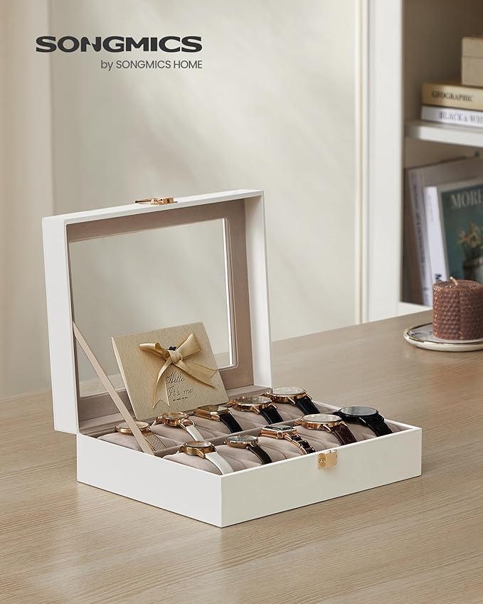 SONGMICS Watch Box, 10-Slot Watch Case Organizer with Large Glass Lid, Removable Pillows, Gift for Loved Ones, Cloud White Synthetic Leather, Cappuccino Beige Lining UJWB010W01