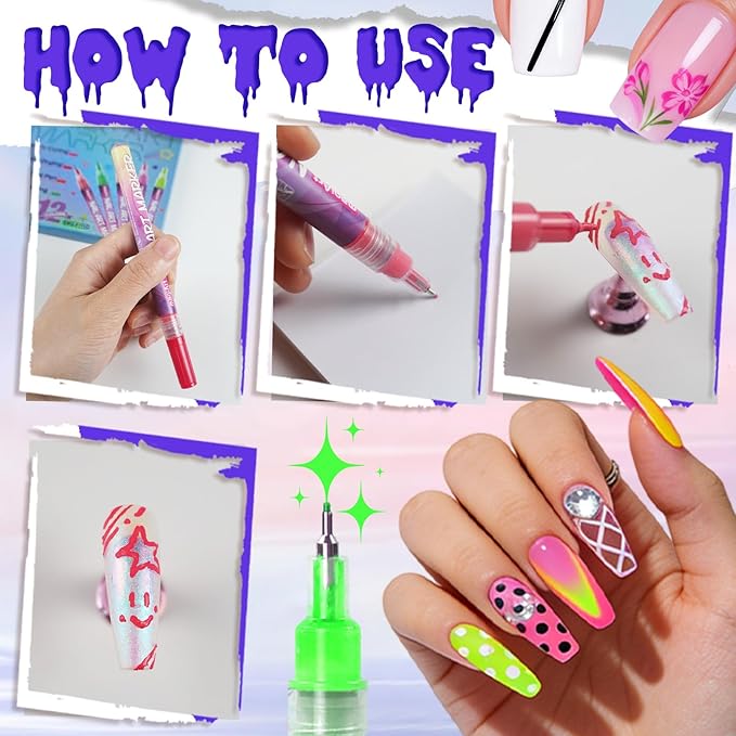 12 Color Nail Art Pens, Neon Nail Markers Set 0.5 MM Fine Tip Nail Polish Pens Drawing Painting Point Liner Painted Pen Kit, Waterproof DIY Nails Art Design Manicure Tools