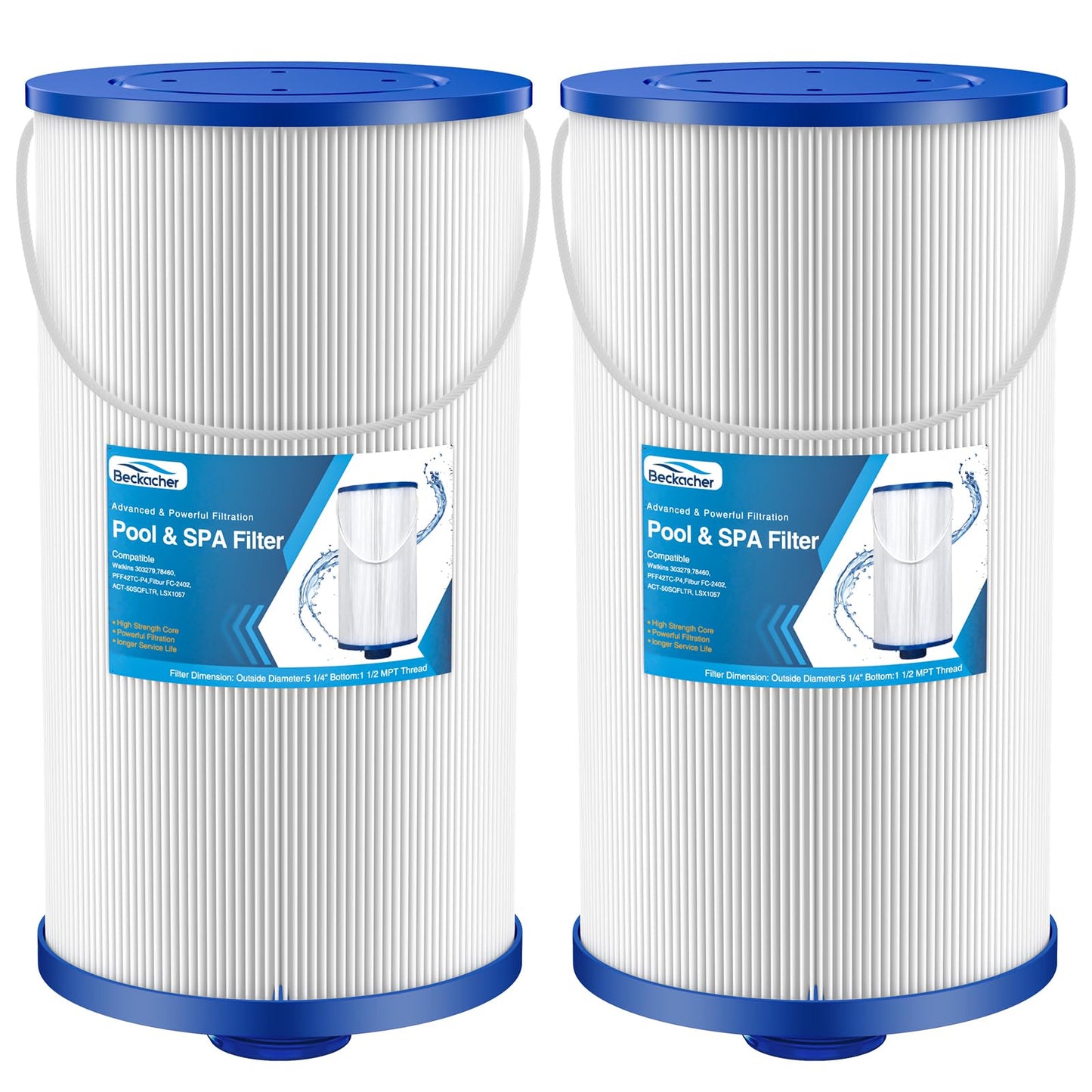 Beckacher FC-2402 Hot Tub Spa Filter, Compatible with Watkins 303279, PFF42TC-P4, 78460, FC-2402, Lifesmart, Freeflow, AquaTerra, Hydromaster, Grandmaster, Simplicity, Bermuda Hot Tub Filters, 2 Pack