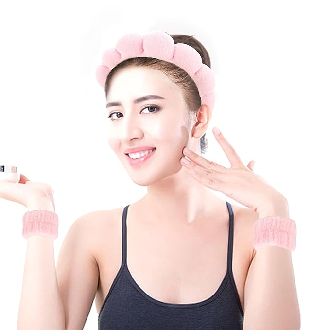 AOPRIE SPA Headbands for Washing Face Makeup Headbands with Bow Hair Band Women Facial Head Band Wrist Towel Wraps For Shower Face Mask Pink Style Pink, 6 Pack