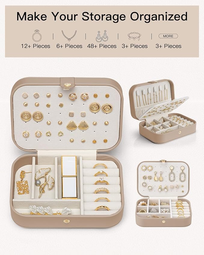 VLANDO Travel Jewelry Case for Women Girls Mothers, PU Leather Small Jewelry Box for Rings, Necklaces, Bracelets, Earring Holder Organizer Storage for Travel Accessories, Valentines Gift - Toffee