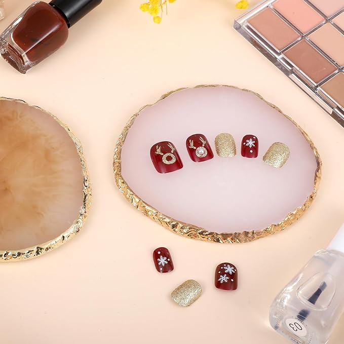 2 Pcs Resin Nail Art Palette, Nails Art Painting Mixed Color Palettes Gold Edge Nail Holder Nails Arts Display Board Easter Gifts for Women Easter Basket Stuffers(Coffee, White)