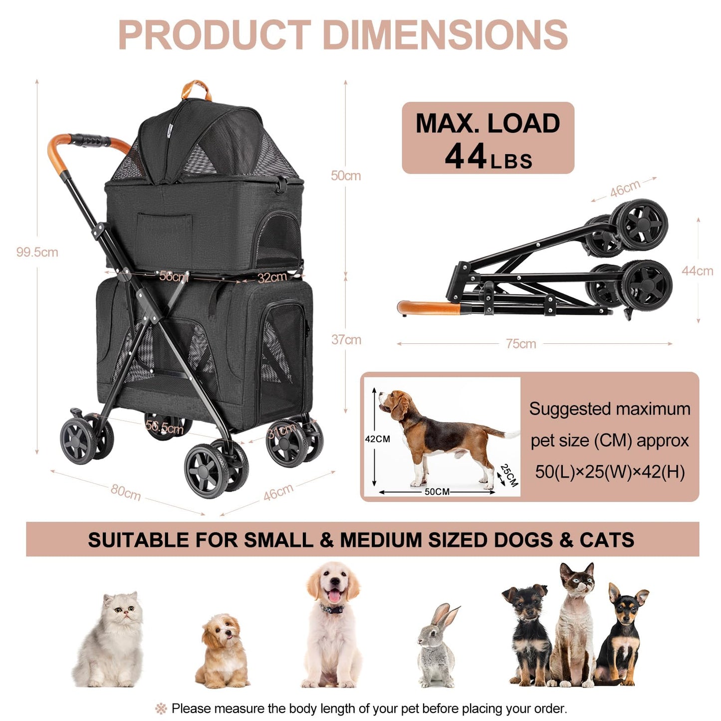 LPOTIUS Double Pet Stroller with Detachable Carrier for Medium Small Dogs and Cats, Lightweight Dog Stroller Travel Carriage with No-Zip Canopy Storage Basket One-Click Folding and One-Foot Brake