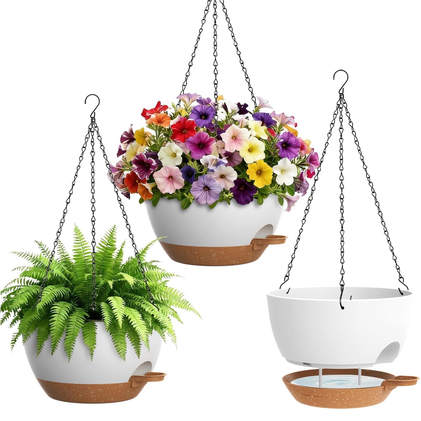 UOUZ Set of 3-10 Inch Self Watering Hanging Planters for Indoor Outdoorï¼Hanging Plant Pots with Drainage & Removable Tray, Hanging Pots Holder for Pothos Plant, Ferns, Balcony & Patio,White with Brown