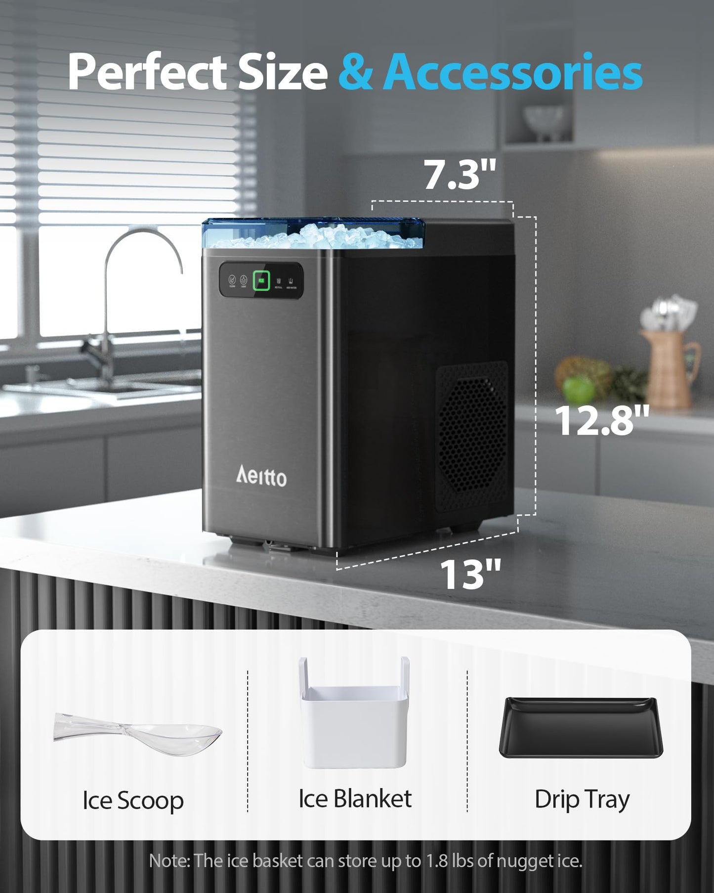 Aeitto Nugget Ice Maker Countertop, Pellet Ice Machine Soft Chewable Ice 40lbs/Day, One-Click Operation, Auto Self-Cleaning Crushed Ice Makers Stainless with Scoop for Home/Kitchen/Office (Black)