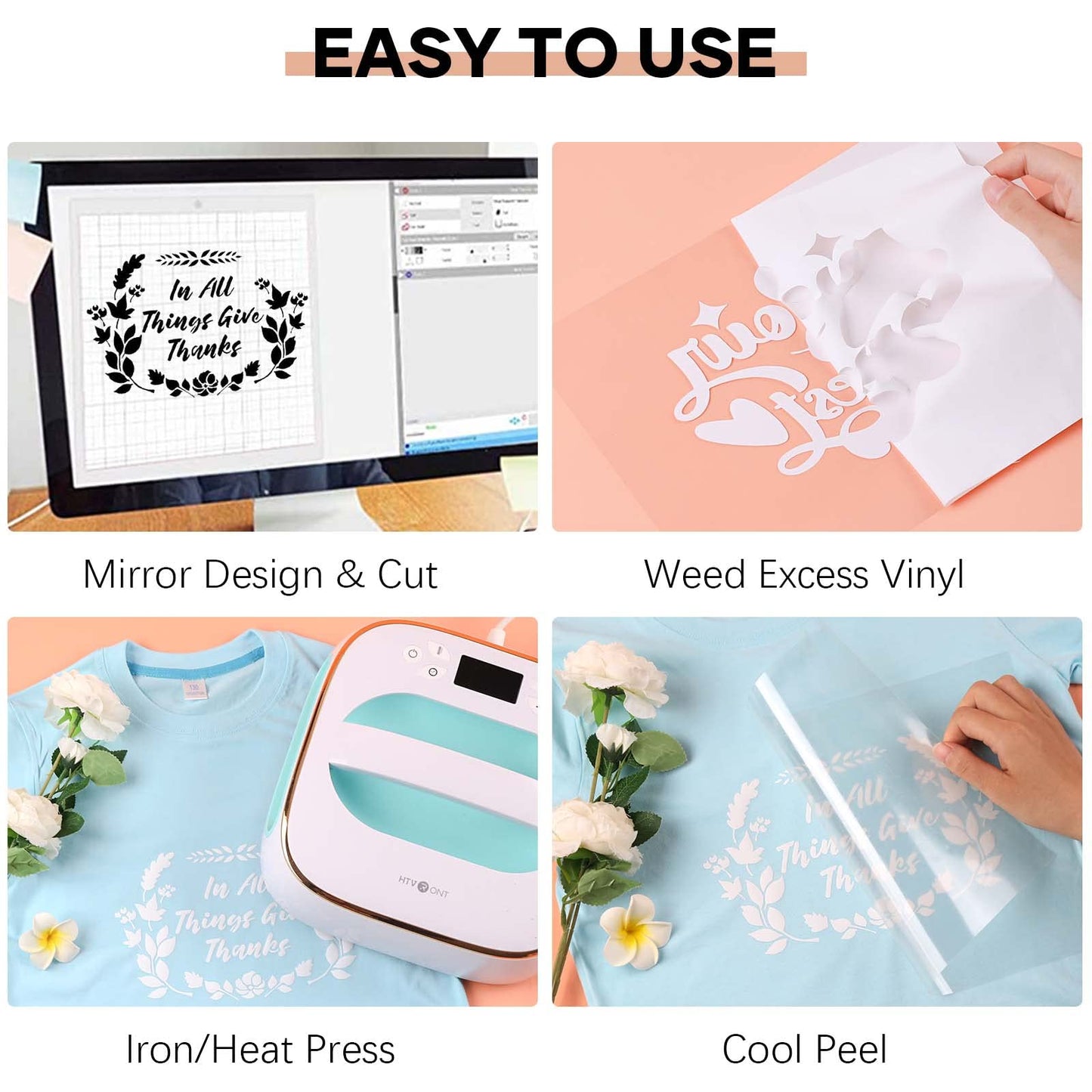HTVRONT Heat Transfer Vinyl White Iron on Vinyl-12 x 60FT White HTV Vinyl Roll Easy to Cut & Weed for Heat Vinyl Design