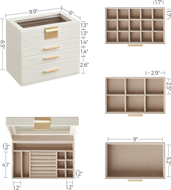SONGMICS GISELLA Collection - Jewelry Box Organizer, 4-Layer Jewelry Storage with 3 Drawers, Shiny Metal Hardware, Glass Lid, Modern, 6 x 9.9 x 8.5 Inches, Cloud White and Gold Color UJBC161W01