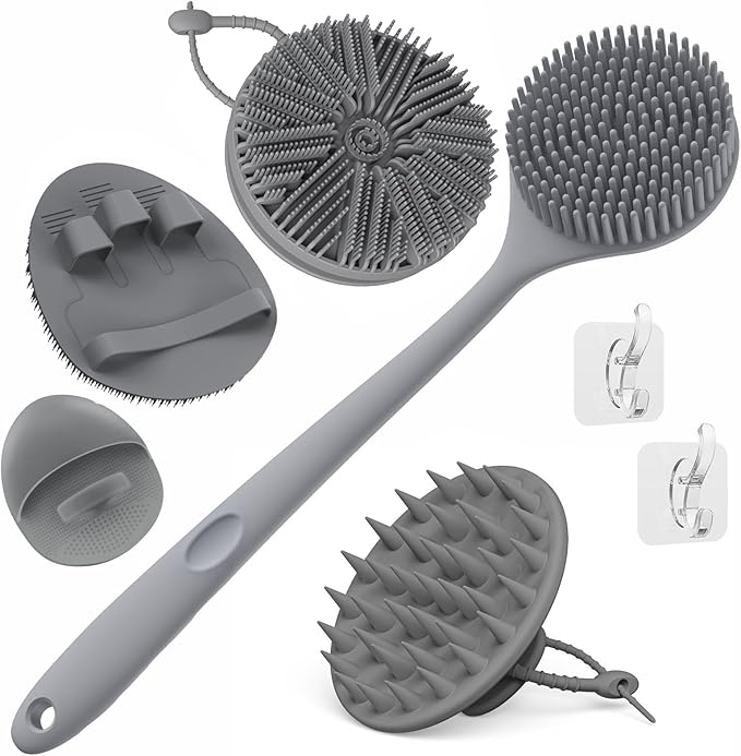 Manmihealth Silicone Back Scrubber & Soft Bath Glove, Silicone Scalp Massager Set 5 PCS, Super-Exfoliating Body Scrubber Shower Brush & Shampoo Brush Combination, with 2 Free Hooks (Style 1 Gray)