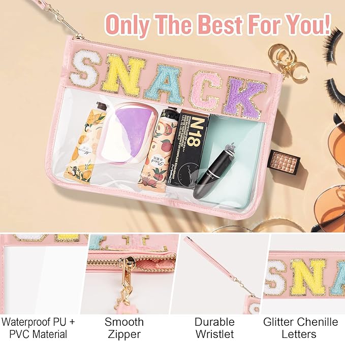 Chenille Letter Clear Snack Bag Purse, Monogram PVC & PU Zipper Pouch With Wristlet, Waterproof Portable Glitter Makeup Beach Toiletry Bag for Women Girls (SNACKS-Pink)