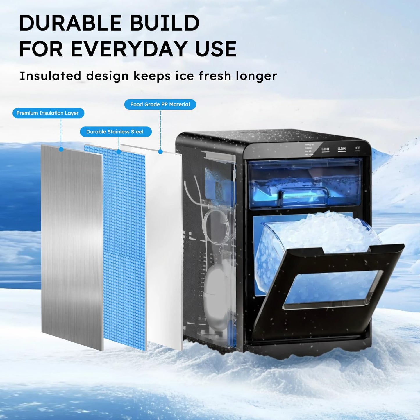 Mojgar Countertop Ice Maker Machine with Handle, Portable Ice Maker Produces 26Lbs/24H, 8 Bullet Ice Cubes Ready in 6 Mins, 2 Ice Sizes, Self-Cleaning Ice Machine for Home, Kitchen, RV & Camping