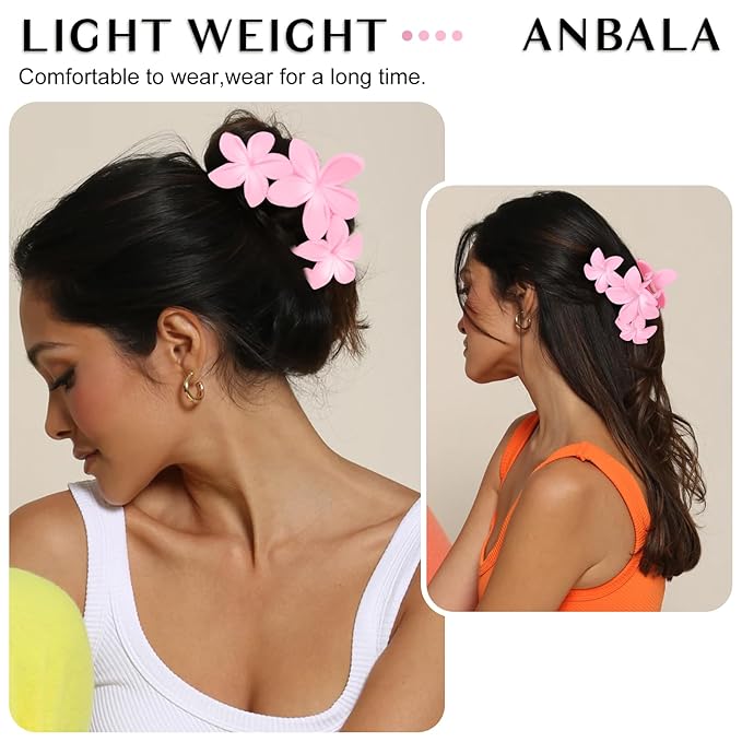 ANBALA 4PCS Flower Hair Clips, Tropical Plumeria Hair Clips for Women, Large Non-Slip Strong Hold Claw Clips, Beach Hair Accessories, Pink (4 Count)
