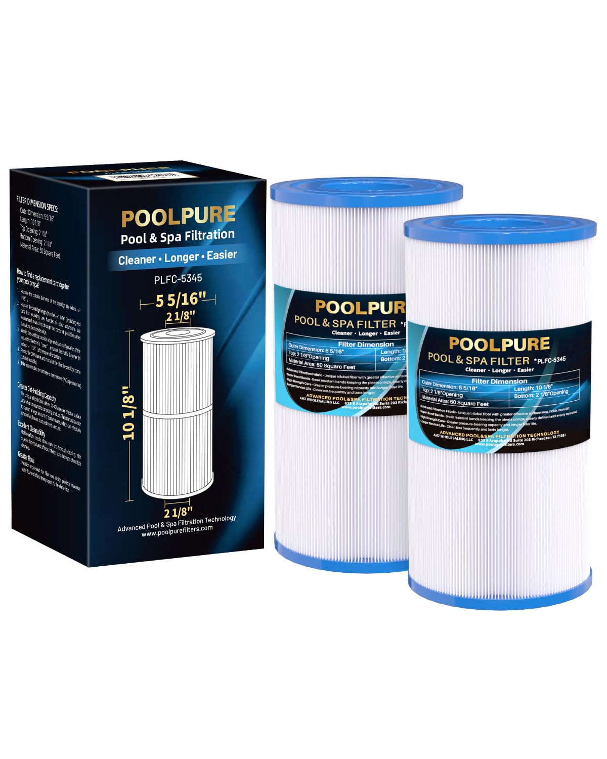 POOLPURE C-5345 Spa Filter Replaces PLBS50, Unicel C-5345, Filbur FC-2970, 817-0014, R173584, 173584, X268519, 10419, 14513, 50451, S2/G2 Spa, 5x10 Drop-in Hot Tub Filter (2pack)