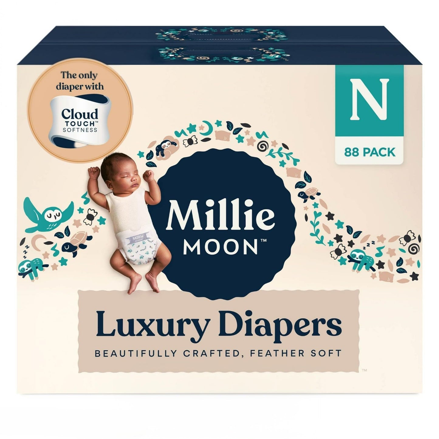Millie Moon Luxury Diapers – Ultra Soft Cloud Touch Disposable Diapers with 12 Hour Absorbency & Wetness Indicator (N - 88ct)