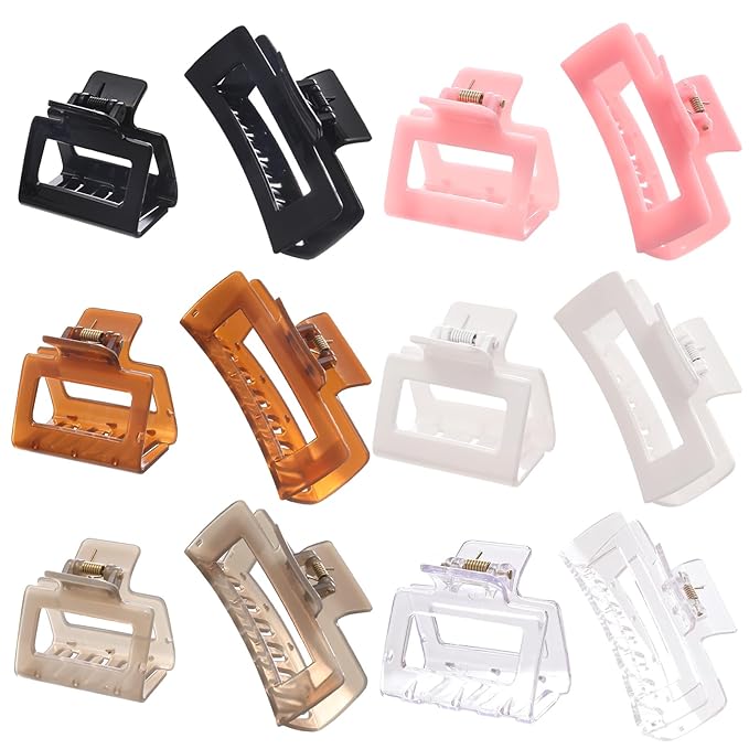 12 Pack Square Claw Clips, Big and Small Neutral Rectangle Hair Claw Clips, Non-slip Matte Large Hair Clips for Women,Strong Hold jaw clip for Thick Thin Hair (clear Jelly colour)