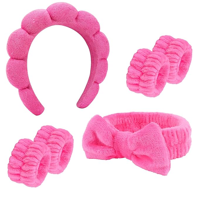 Semato Spa Headband and Wristband Set - Fluffy Bow Face Wash Hair Accessories With Bubble Sponge for Women and Girls (Hot Pink)