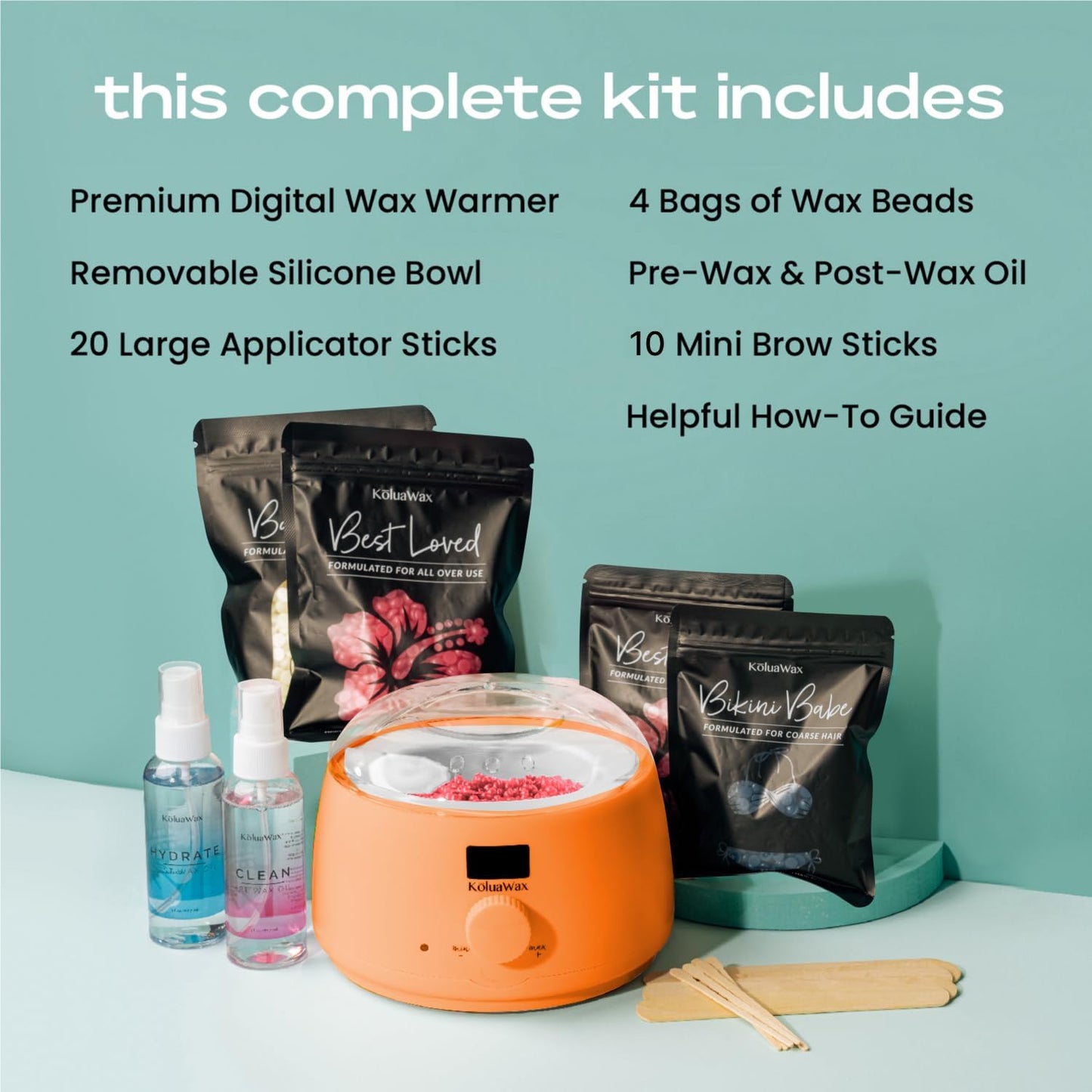 KoluaWax Premium Waxing Kit for Women - Beginner Friendly - Complete Wax Kit that includes 14oz of Wax Beads, Applicator, Pre and Post Care, Suitable for Sensitive Skin (Peach Fuzz)