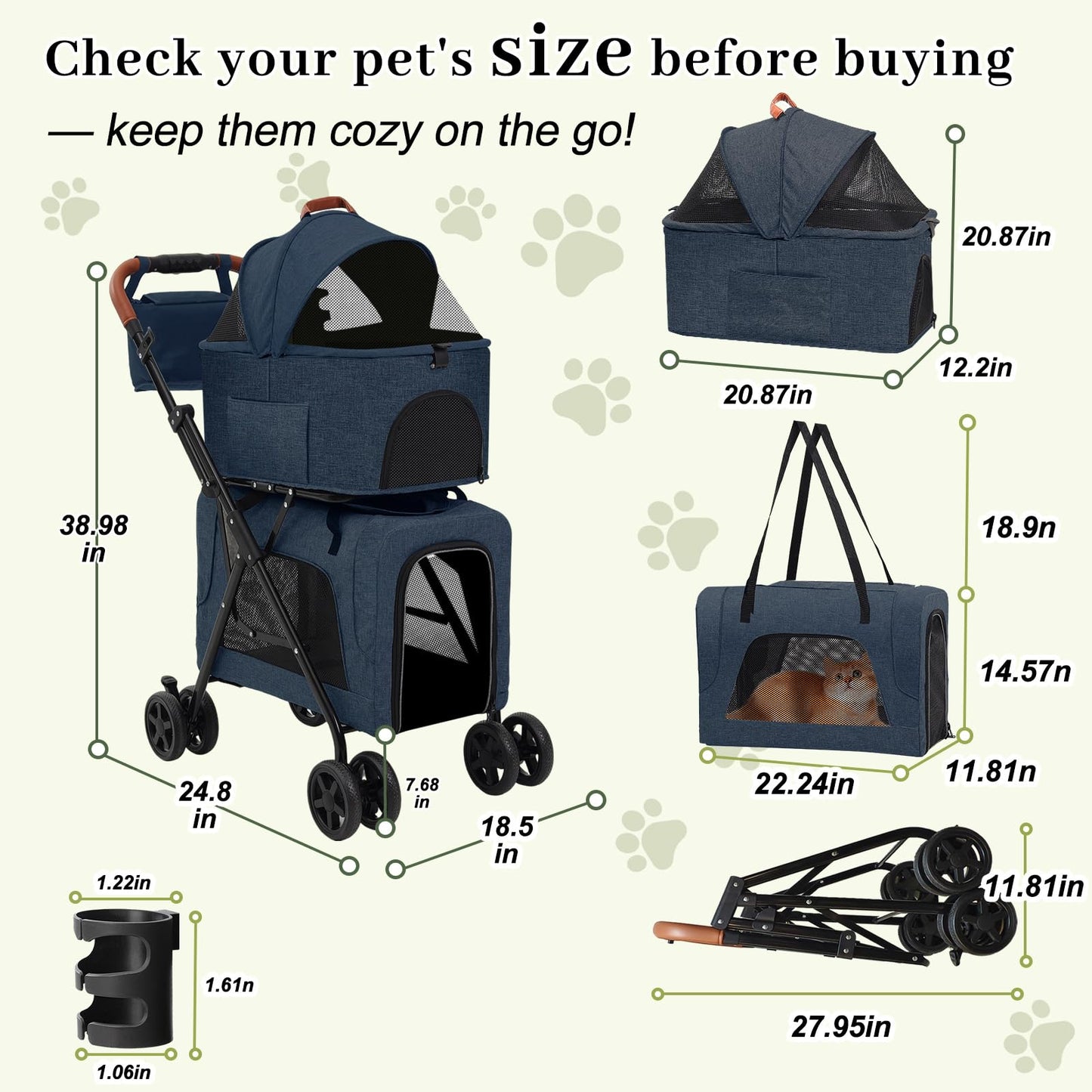 Dog Stroller with Detachable Carriers, Foldable Dog Stroller for Medium Dogs 20 lbs with Cup Holder and Storage Bag, Pet Stroller for Small Dogs, Double Cat Strollers Suitable for All-Terrain