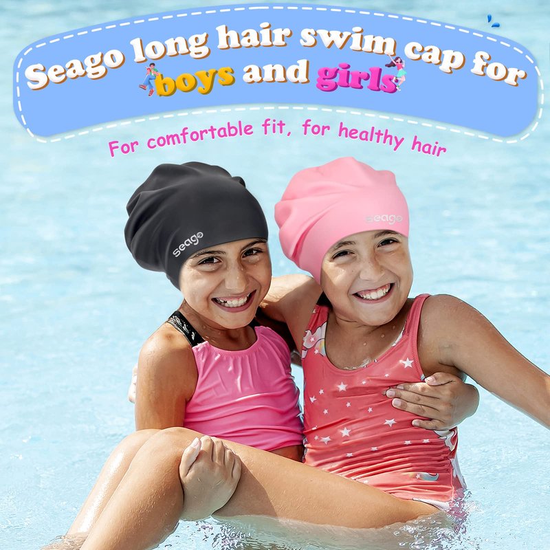 Seago Kids Swim Cap for Girls Boys Long Hair Swimming Cap for Kids 6-14 Youth Extra Large Swim Cap for Braids and Dreadlocks Waterproof Pool Silicone Bathing Swimming Caps that Keep Hair Dry