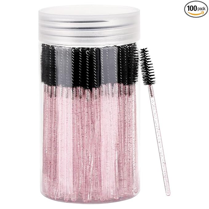100 Pcs Disposable Mascara Wands, Crystal Eyebrow Spoolies Brush for Eyelash Extensions, Lash Brushes with Container (Black, Pink)