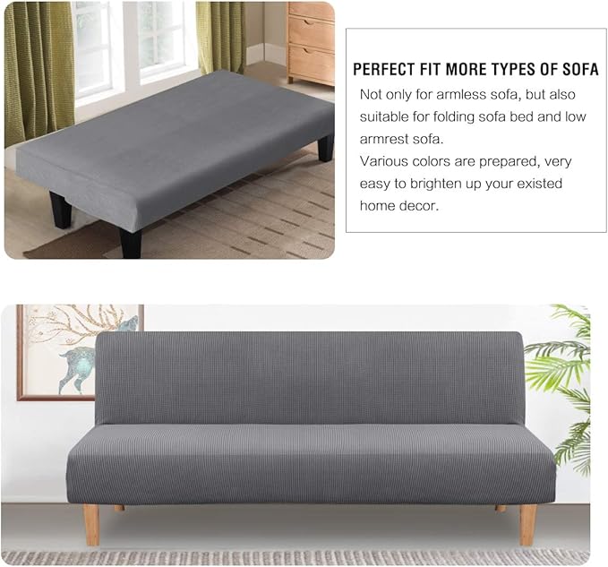 H.VERSAILTEX Armless Futon Cover Stretch Sofa Bed Slipcover Protector Elastic Feature Rich Textured High Spandex Small Checks Jacquard Fabric Futon Cover, Machine Washable, Gray
