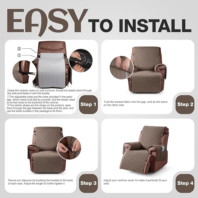 KinCam 100% Waterproof Recliner Chair Cover, Reclining Couch Covers for Pets, Dogs, Recliner Couch Slipcover Furniture Protector with Elastic Straps for Kids(25", Brown)